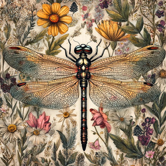 Garden Flowers and Dragonfly Print