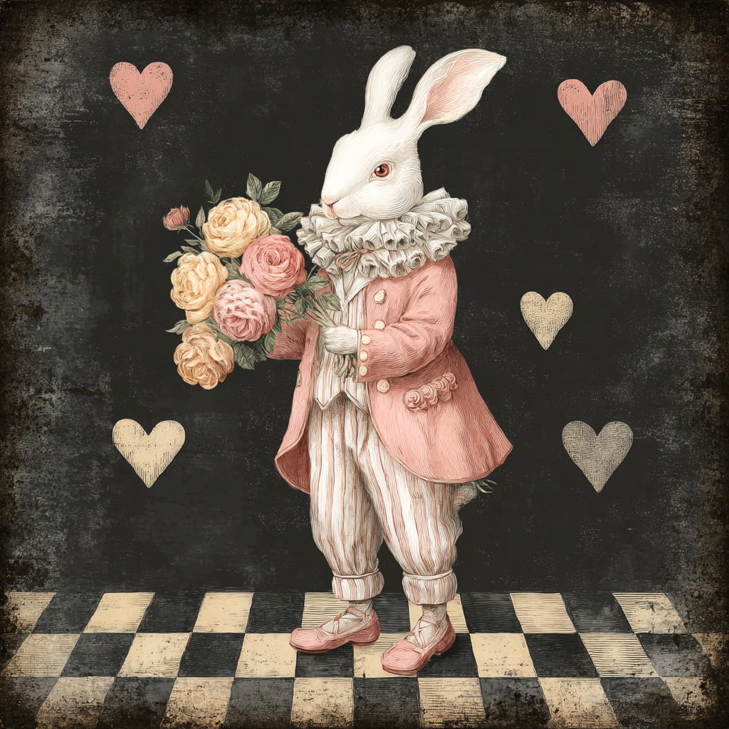 VALENTINE’S Bunny with flowers, checks and hearts