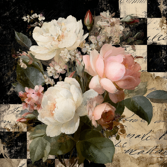 French Country Florals  Mixed Media Print with Script