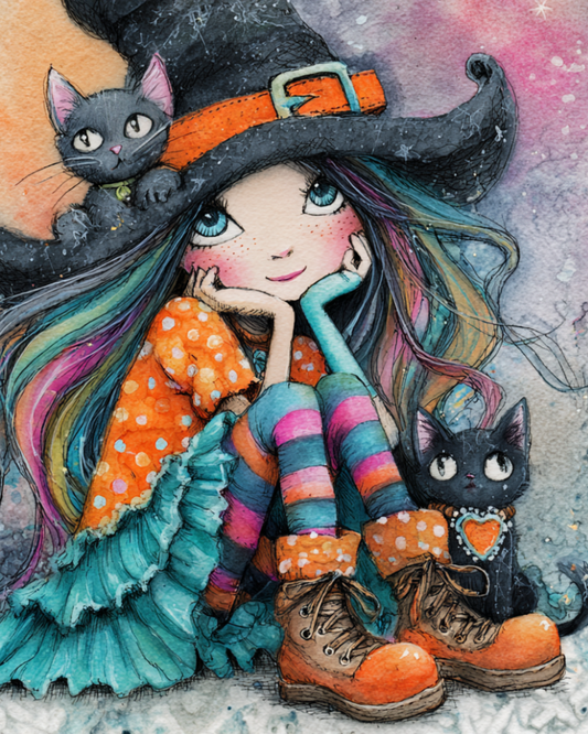 Sweet Whimsical Halloween Witch with her Kitties