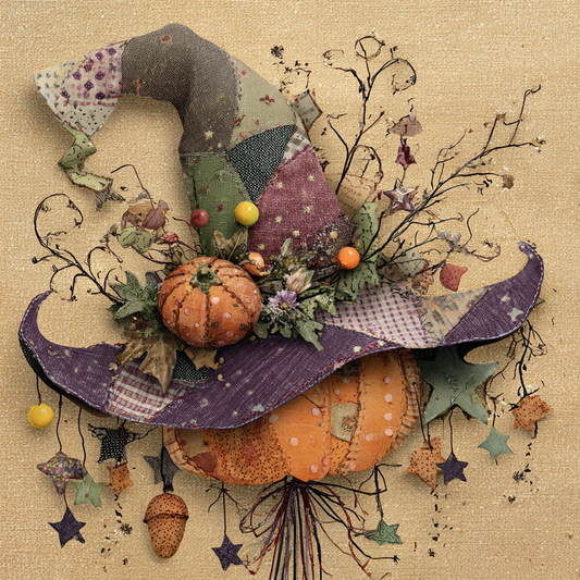 Fall/Halloween patchwork pumpkin and Witches hat