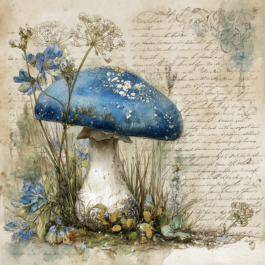 Retro Blue Mushrooms and Wildflowers