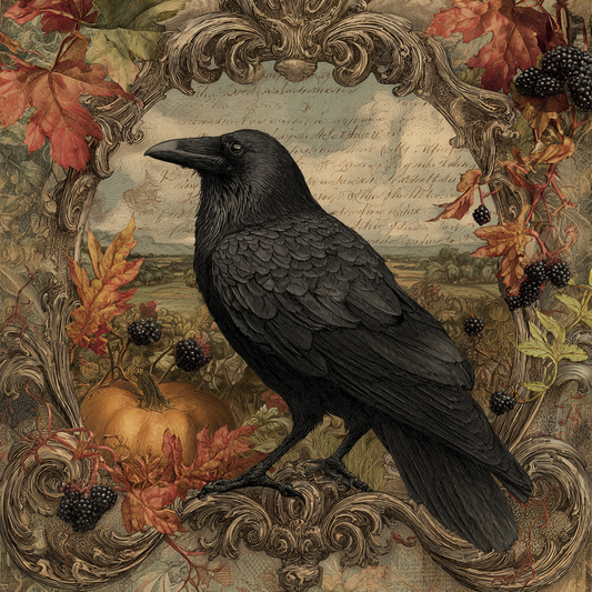 Beautiful Fall scene with Ornate border and Raven surrounded by pumpkins and Fall leaves