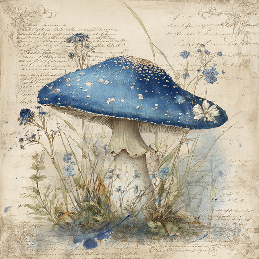 Retro Blue Mushrooms and Wildflowers