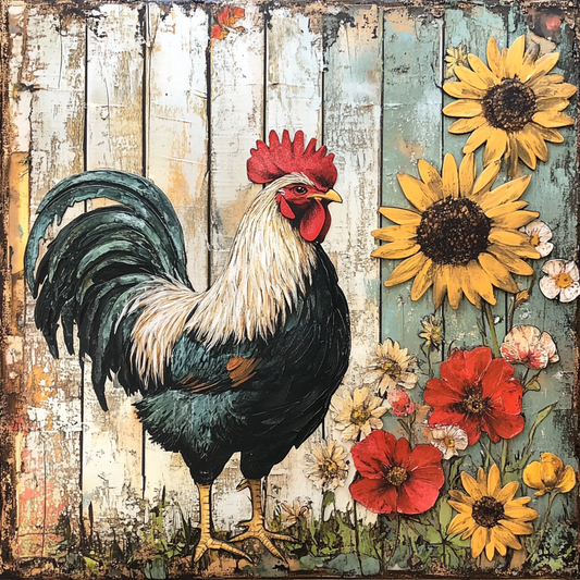 Sunflowers and Poppies Rooster sign, kitchen wall decor, Vintage country feel and bold colors