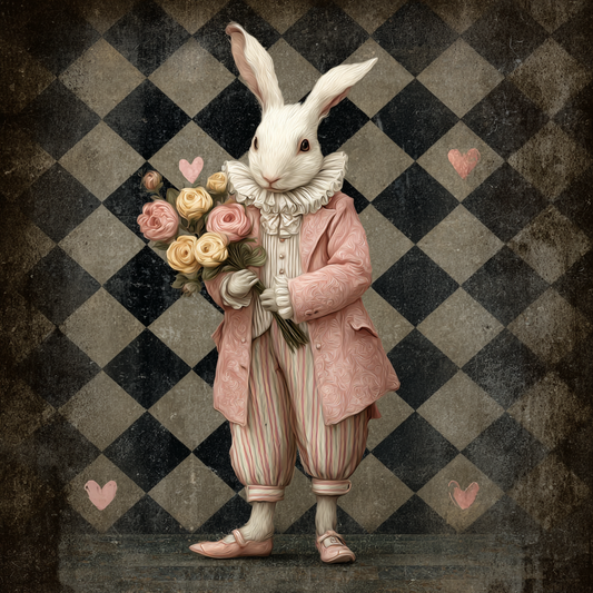 VALENTINE’S Bunny with flowers, harlequin and hearts