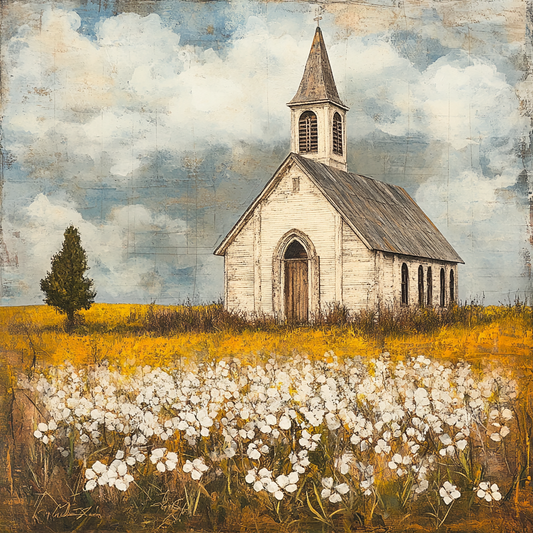 Rustic Country Church in a Field of Cotton
