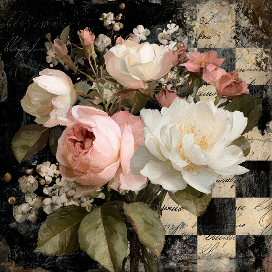 French Country Florals  Mixed Media Print with Script