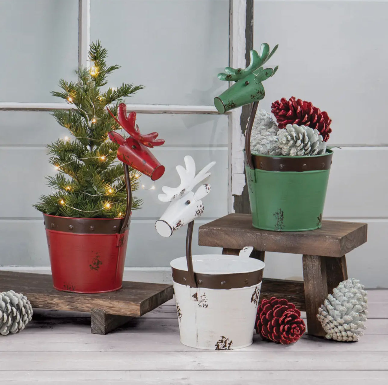 Rustic White Metal Reindeer Planter