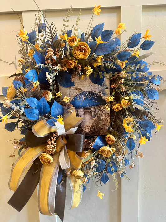 Blue, yellow and beige Mushroom Wreath