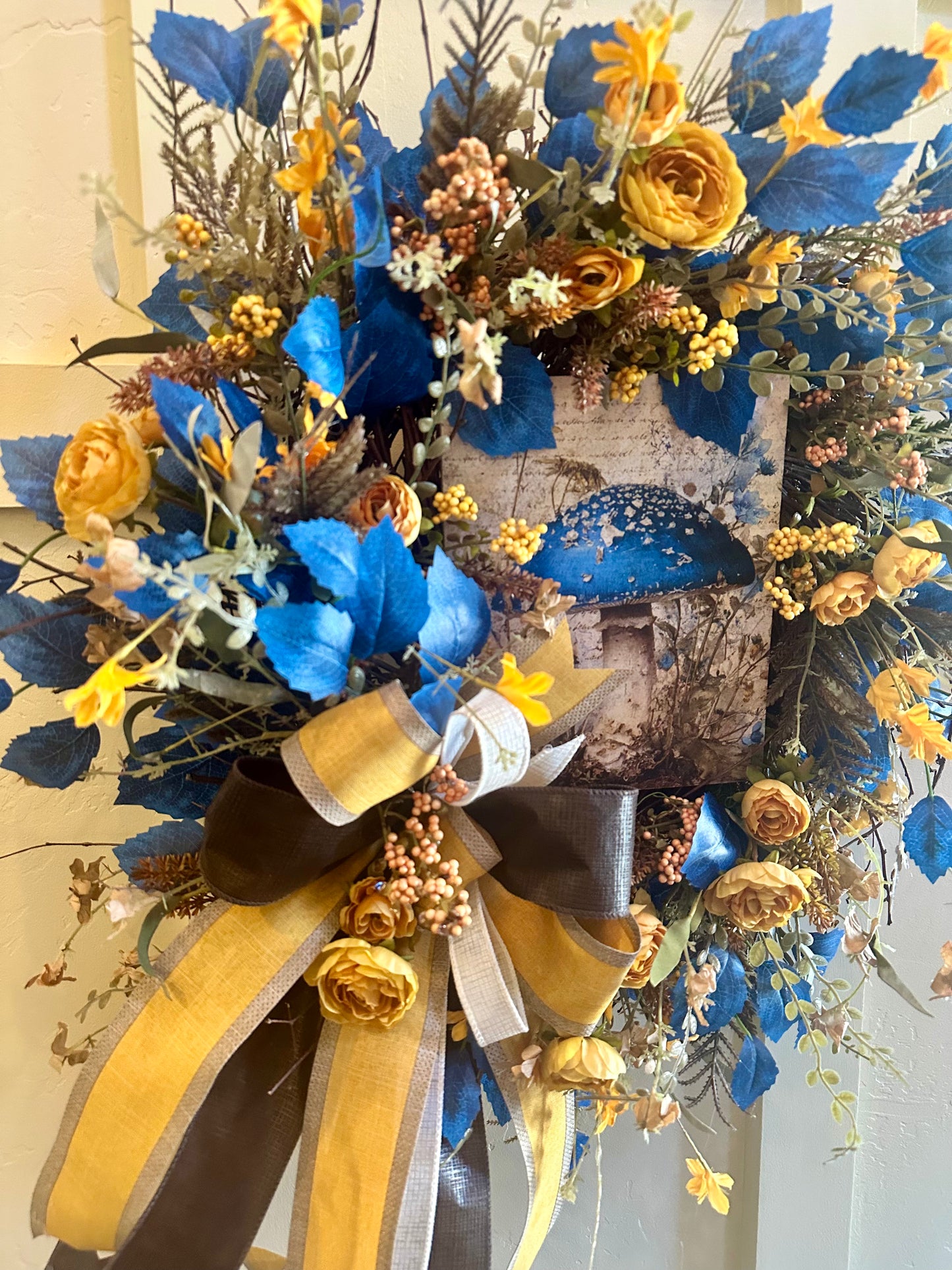 Blue, yellow and beige Mushroom Wreath