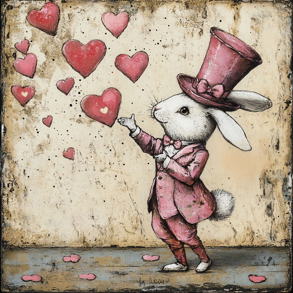 Valentine’s Day sign with Whimsical Bunny with top hat and hearts