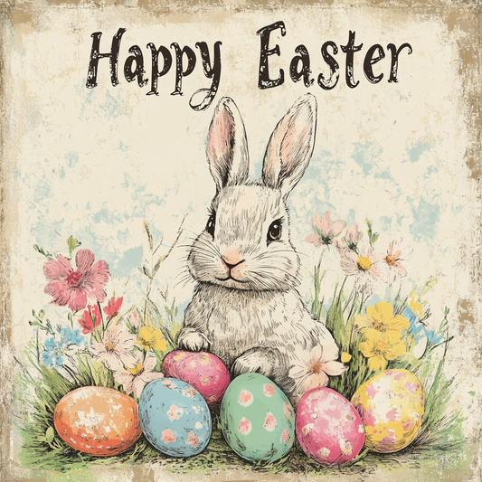 Happy Easter sign with white Bunny and colorful Easter eggs