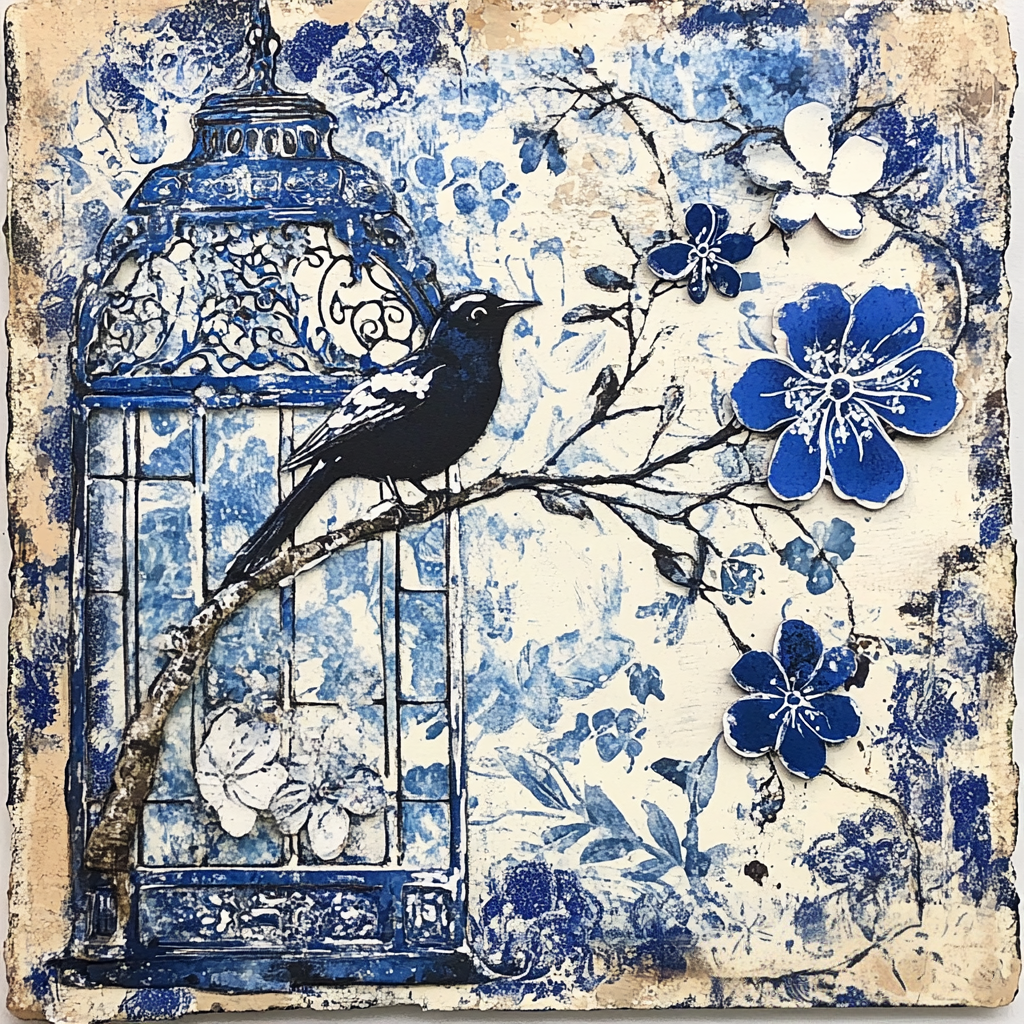 Chinoiserie print with bird and birdcage