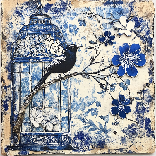 Chinoiserie print with bird and birdcage