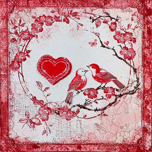 Red and White Chinoiserie Valentines Love Birds