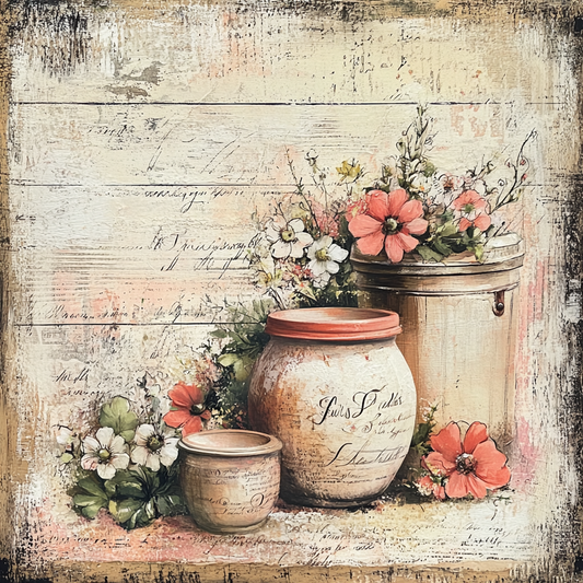 Farmhouse vintage crocks with florals