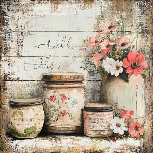 Pastel vintage farmhouse crocks with florals