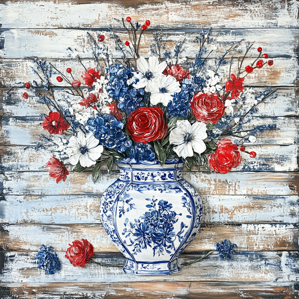 Patriotic Chinoiserie vase of summer flowers