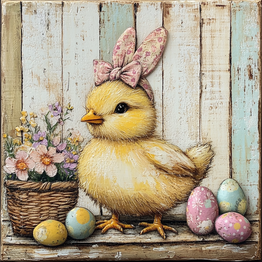 Spring Chick with Bunny Ears and Easter Eggs