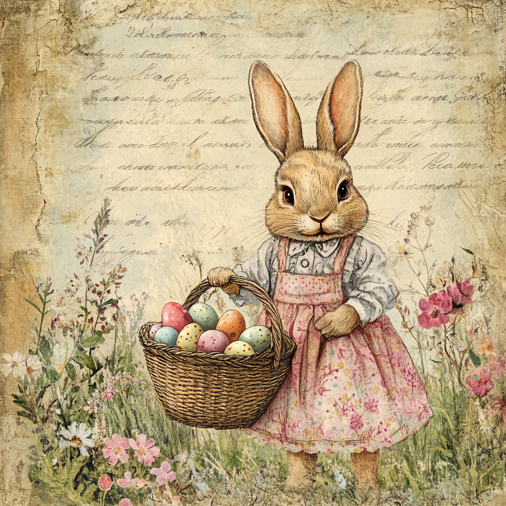 Pink Springtime Bunny with Basket of Easter Eggs