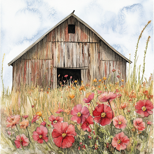 Rustic Barn with Red Poppies