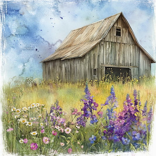 Rustic Barn with Lilacs and Daisies