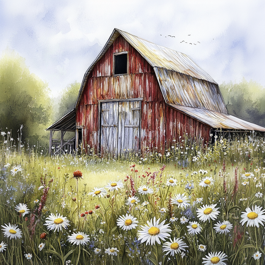 Rustic Red Barn with Daisies