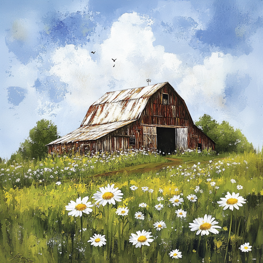Rustic Red Barn and Daisies