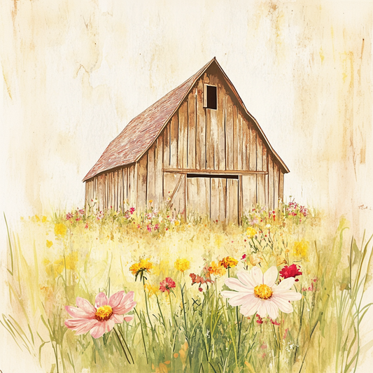 Watercolor Rustic Barn and Wildflowers