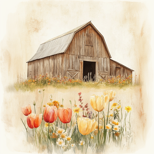 Rustic Barn and Tulips