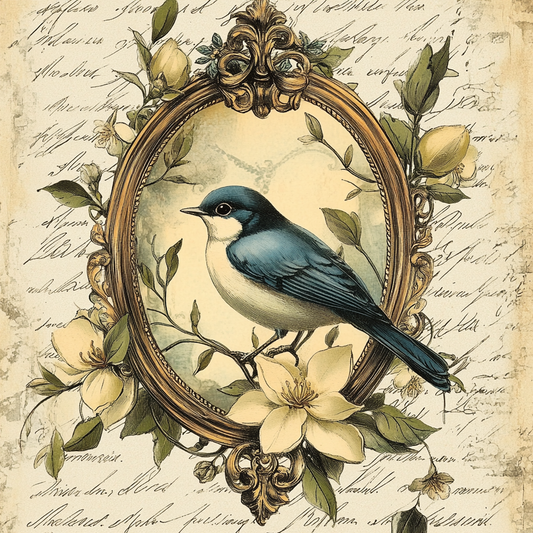 Vintage Victorian Blue and Cream Bird Print