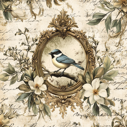 Vintage Victorian Blue and Cream Bird Print with Magnolias