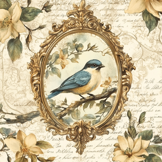 Vintage Victorian Blue Bird Print with Magnolias