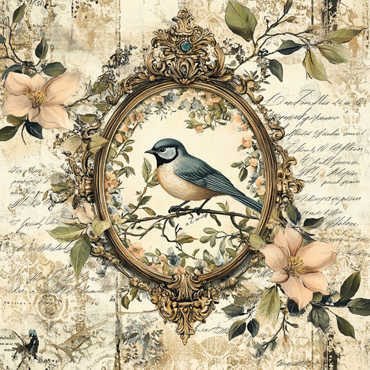 Vintage Victorian Blue Bird Print with Peach Magnolias
