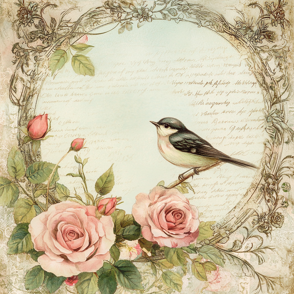 Vintage Victorian Bird Print with Pink Roses