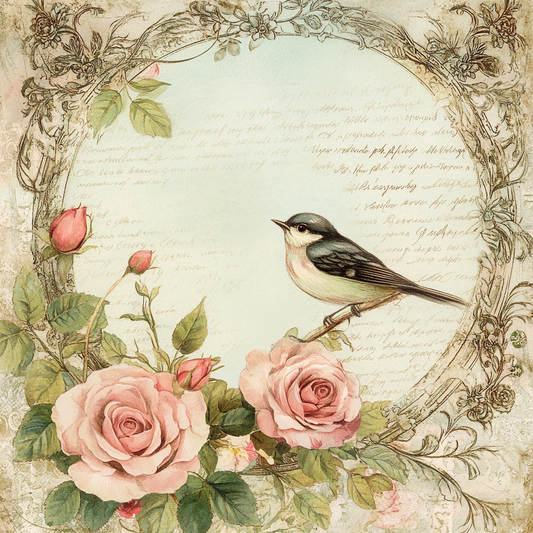 Vintage Victorian Bird Print with Pink Roses