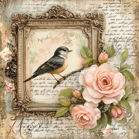 Vintage Victorian Bird Print with Pastel Pink Roses