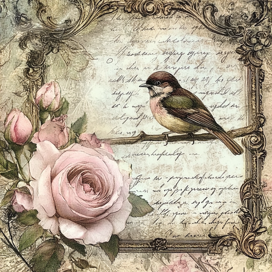Vintage Victorian Bird Print with Pastel Mauve Roses