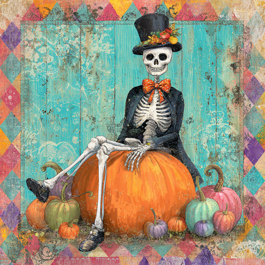 Whimsical Mr. Bones & Colorful Pumpkins