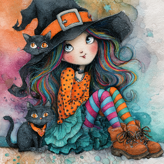 Whimsical Witch with her Kitty Cats