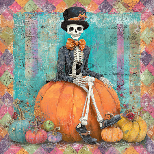 Whimsical Mr. Bones & Colorful Pumpkins