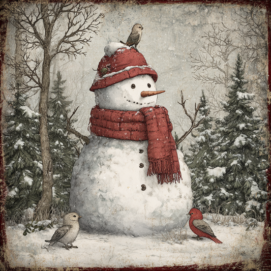 Jolly Snowman with friendly Birds