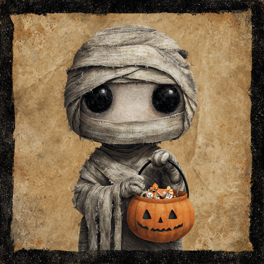 Whimsical Halloween Mummy going out to trick-or-treat