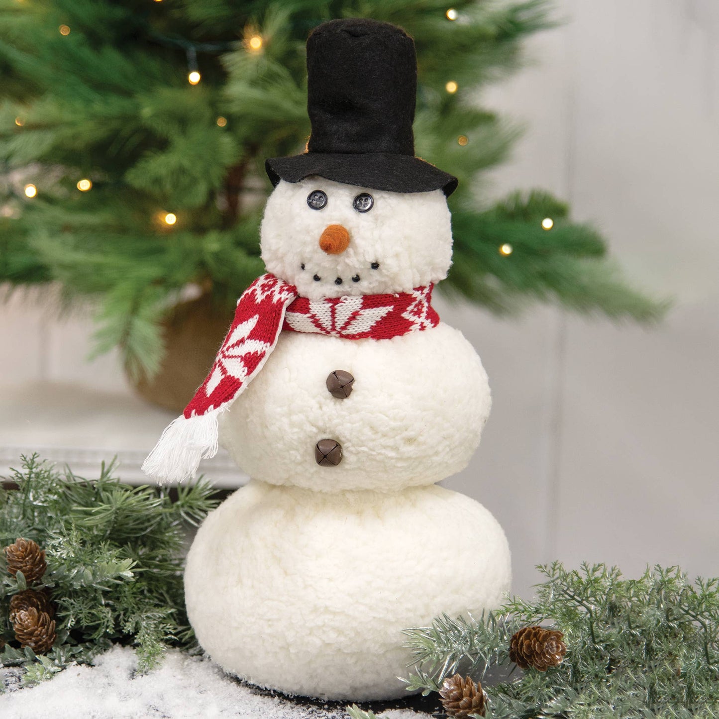 White Sherpa Snowman w/Top Hat & Snowflake Scarf - 14"H