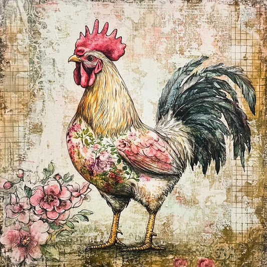 Everyday sign for crafting, Rooster wreath sign, kitchen wall decor, French country feel and vibrant yet soft colors, floral rooster decor